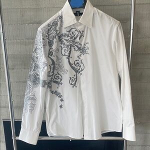 White Men's Button-Up Shirt with Gray Floral Script Print